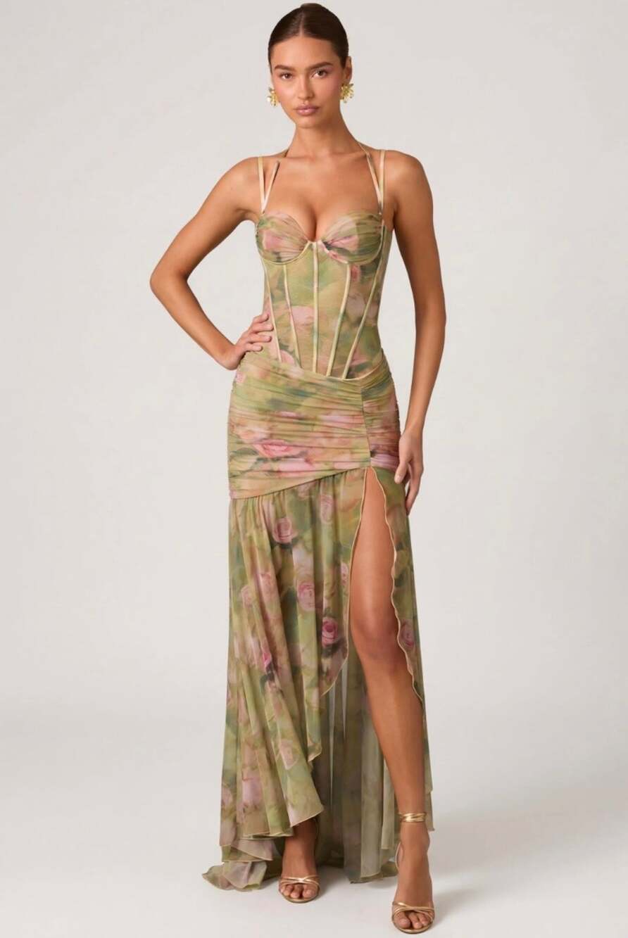 Oh Polly Haruna Ruched Asymmetric Corset Gown Maxi Dress Floral Green Size 12 +